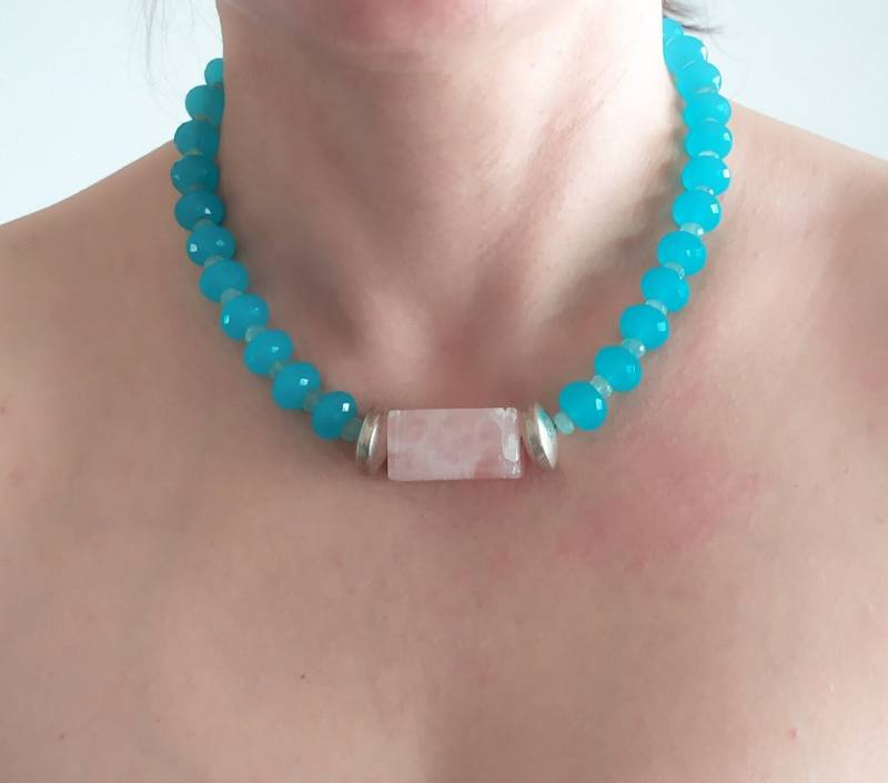 Perlenkette Howlith, Aquamarin, Mit Parallelogramm Rosenquarz/Edelstein 925 Sterling Silber - 8889 von Chrissilato