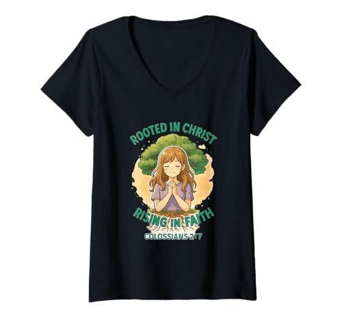 Damen Illustrierte christliche Kunst | Verwurzelt in Christus Col 2:7 T-Shirt mit V-Ausschnitt Damen Illustrierte christliche Kunst | Verwurzelt in Christus Col 2:7 T-Shirt mit V-Ausschnitt von Christ in You and Me