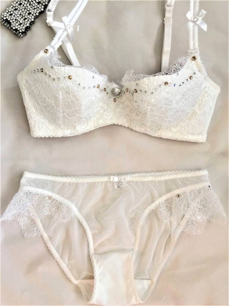 Weiße Spitze Swarovski Crystal Bh Und Slip Set 32C von ChristalSweets