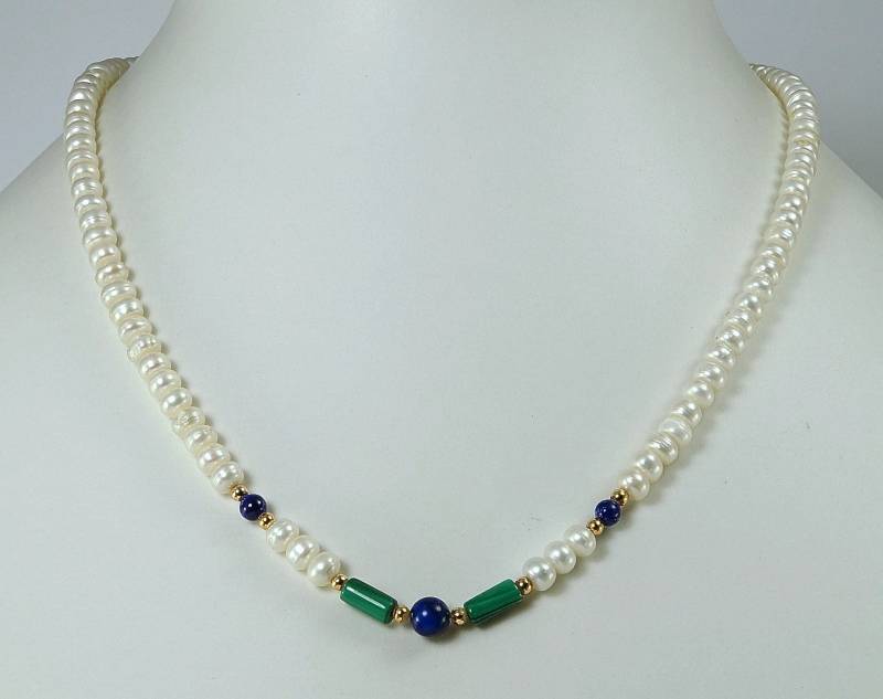 Perlkette, Süßwasserperllkette, Malachitkette, Lapiskette, 45 cm-Collier, Perlcollier von ChristallaDesign