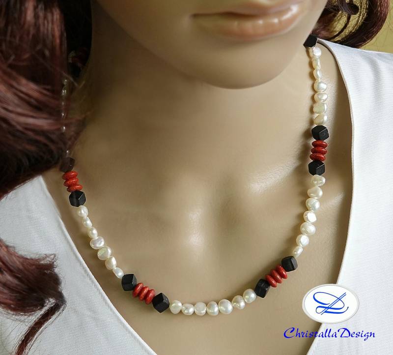 Perlkette Mit Korall-Linsen, Halskette, Süßwasserperlkette, , Onyx, 50 cm Lang von ChristallaDesign