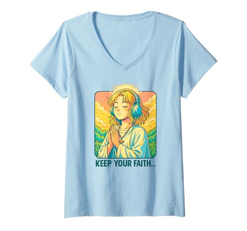 Damen Christian Lo-fi Anime Manga Ästhetisches Gebet Keep Your Faith T-Shirt mit V-Ausschnitt Damen Christian Lo-fi Anime Manga Ästhetisches Gebet Keep Your Faith T-Shirt mit V-Ausschnitt von Christian Anime Manga Lo-fi Aesthetic Prayer Art