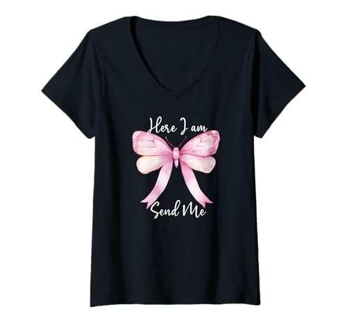 Damen Here I Am Send Me Women Lord Send Me Christian Pink Bow Blue T-Shirt mit V-Ausschnitt von Christian Apparel Here I Am Send Me Shirt Women