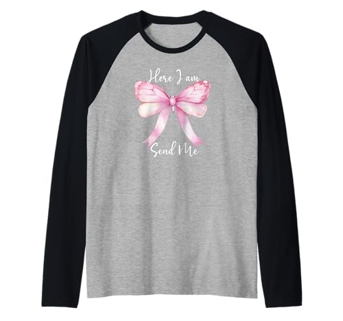 Here I Am Send Me Women Lord Send Me Christian Pink Bow Blue Raglan von Christian Apparel Here I Am Send Me Shirt Women
