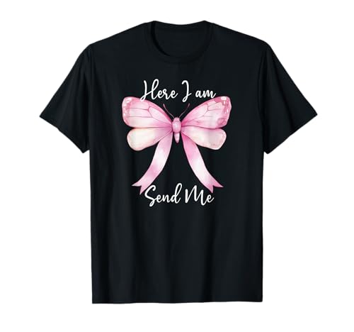 Here I Am Send Me Women Lord Send Me Christian Pink Bow Blue T-Shirt von Christian Apparel Here I Am Send Me Shirt Women