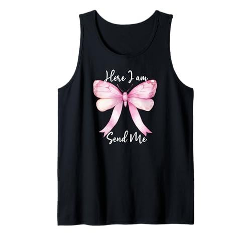 Here I Am Send Me Women Lord Send Me Christian Pink Bow Blue Tank Top von Christian Apparel Here I Am Send Me Shirt Women