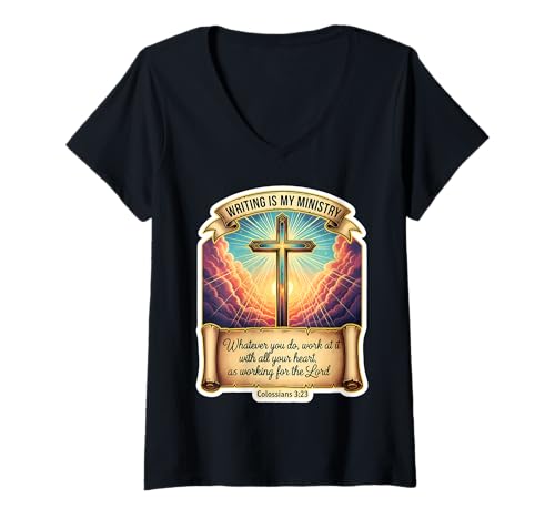 Damen Christian Autor Writer Writing is My Ministry Jesus Christ T-Shirt mit V-Ausschnitt von Christian Author Writer Jesus Christ Products