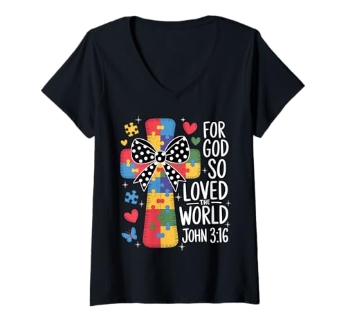 Damen Autism Awareness Puzzle Cross John 3:16 Bibelvers T-Shirt mit V-Ausschnitt Damen Autism Awareness Puzzle Cross John 3:16 Bibelvers T-Shirt mit V-Ausschnitt von Christian Autism Awareness Faith Puzzle Gift Co.