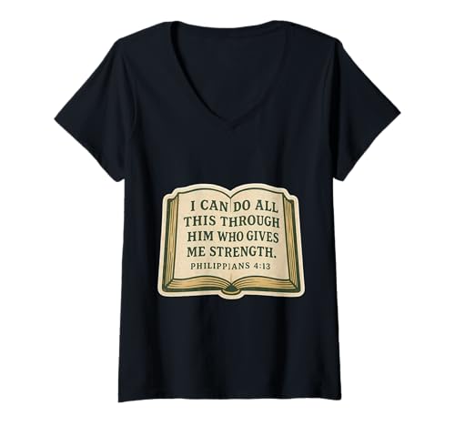 Damen Christlicher Bibelvers Zitat Philipper 4:13 Jesus Christus T-Shirt mit V-Ausschnitt von Christian Bible Verse Philippians 4:13 Products