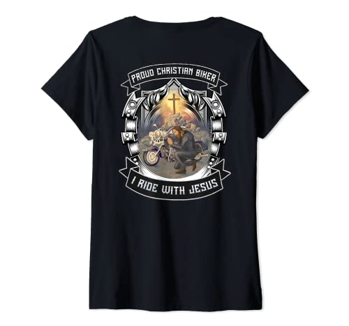 Damen Christian Biker I Ride With Jesus Artwork Motorrad Gebet T-Shirt mit V-Ausschnitt von Christian Biker Motorcycle Apparel Men Women Jesus