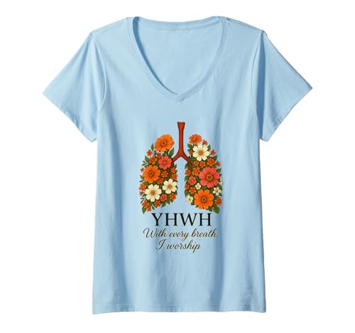 Damen JHWH Mit jedem Atemzug verehre ich Florale Lungen T-Shirt mit V-Ausschnitt von Christian Breath Quote for Women