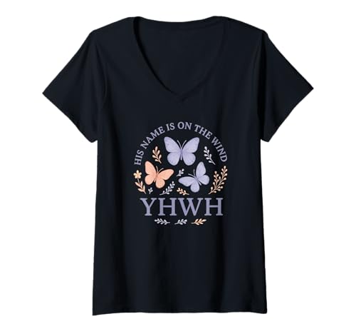 Damen JHWH Sein Name ist auf dem Wind Butterfly Faith T-Shirt mit V-Ausschnitt von Christian Breath Quote for Women
