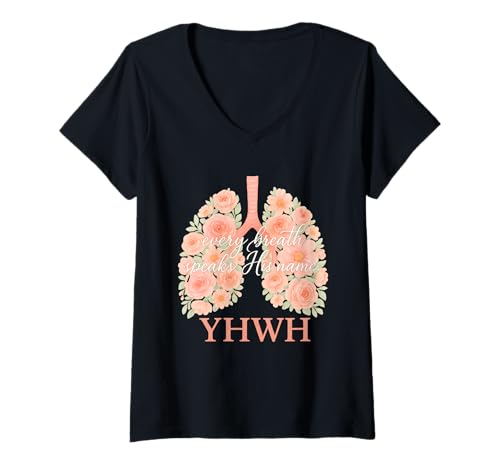 Damen Jeder Atemzug spricht seinen Namen YHWH Floral Lungs T-Shirt mit V-Ausschnitt von Christian Breath Quote for Women