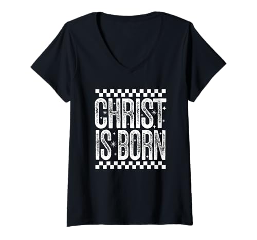 Damen Christlicher Weihnachtsfeiertag, Jesus Christus ist geboren, Retro T-Shirt mit V-Ausschnitt Damen Christlicher Weihnachtsfeiertag, Jesus Christus ist geboren, Retro T-Shirt mit V-Ausschnitt von Christian Christmas Gift Co.