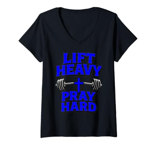 Damen Lift Heavy Pray Hard Gym Workout Religiös T-Shirt mit V-Ausschnitt Damen Lift Heavy Pray Hard Gym Workout Religiös T-Shirt mit V-Ausschnitt von Christian Church Headquarters