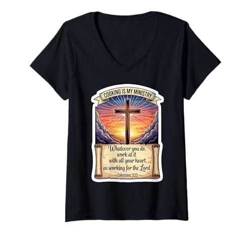 Damen Christlicher Koch Koch Kochen ist Mein Dienst Gott Jesus Christus T-Shirt mit V-Ausschnitt Damen Christlicher Koch Koch Kochen ist Mein Dienst Gott Jesus Christus T-Shirt mit V-Ausschnitt von Christian Cook Chef Products