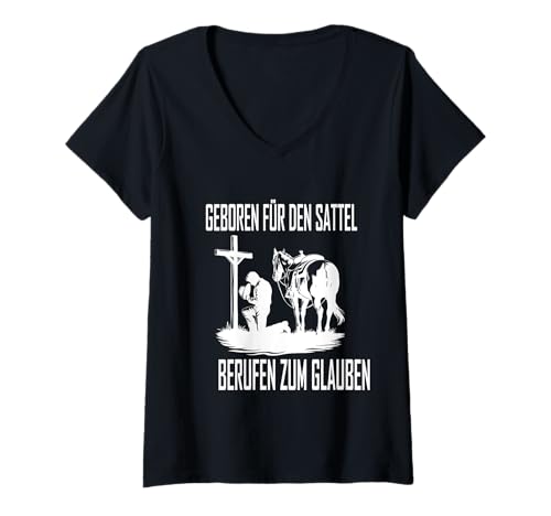 Damen Cowboy Für Christus Cowboys Reiten mit Jesus Prayer T-Shirt mit V-Ausschnitt von Christian Cowboy Knien Geschenke Shirt Jesus