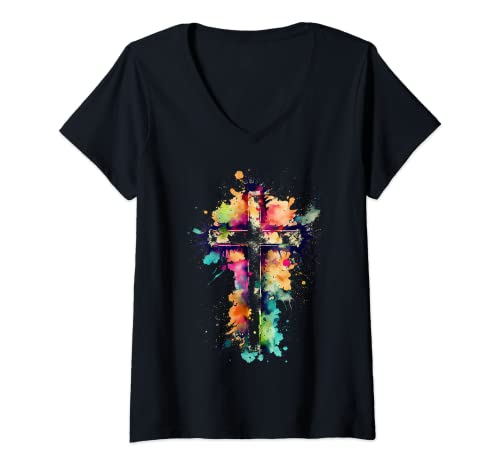 Damen Christliches Kreuz Aquarell T-Shirt mit V-Ausschnitt von Christian Cross Merch