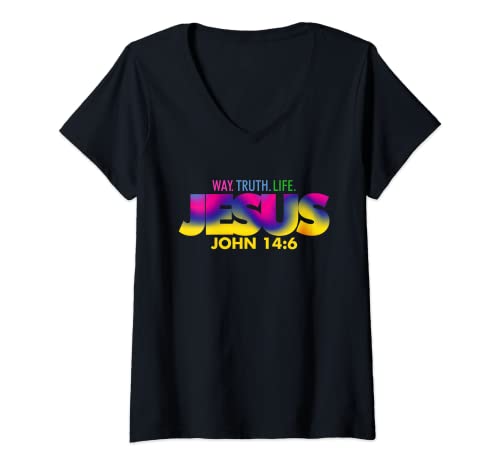 Damen Jesus Way Truth Life Johannes 14:6 Christliche Bibel T-Shirt mit V-Ausschnitt von Christian Day By Day Christian Style