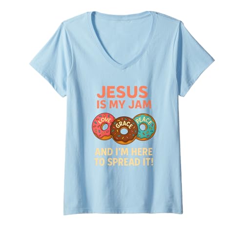 Damen Jesus is My Jam Donut Lustig Christliche Glauben Shirt T-Shirt mit V-Ausschnitt Damen Jesus is My Jam Donut Lustig Christliche Glauben Shirt T-Shirt mit V-Ausschnitt von Christian Donut Faith Love Prayer Hope Gospel