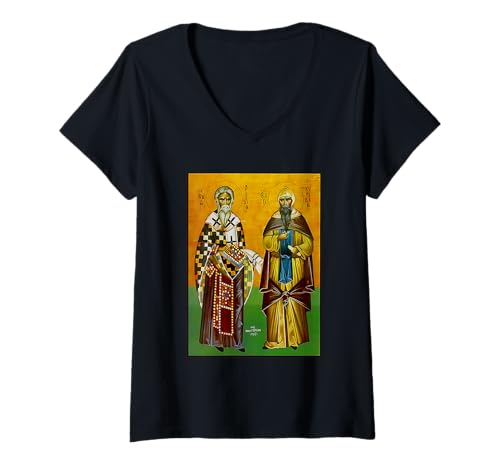 Damen St. Cyril und Methodius Ostorthodoxe byzantinische Kunst Retro T-Shirt mit V-Ausschnitt Damen St. Cyril und Methodius Ostorthodoxe byzantinische Kunst Retro T-Shirt mit V-Ausschnitt von Christian Eastern Orthodox Byzantine Art Tees