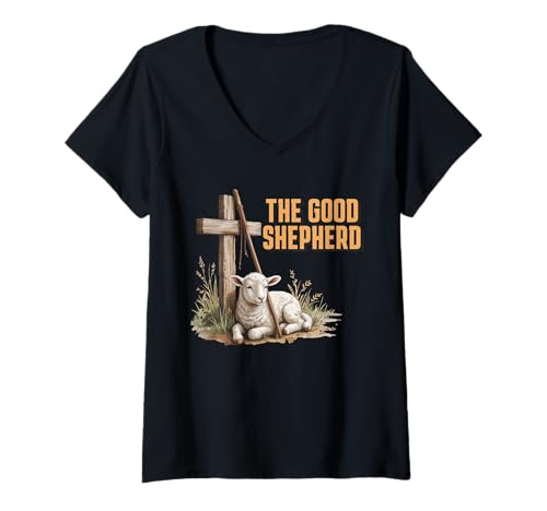 Damen Faith Lamb, Jesus der Gute Schäferhund, Biblischer Vers T-Shirt mit V-Ausschnitt Damen Faith Lamb, Jesus der Gute Schäferhund, Biblischer Vers T-Shirt mit V-Ausschnitt von Christian Faith And Heritage Designs