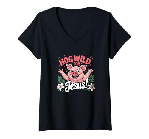 Damen Hog Wild for Jesus Christliche Religion T-Shirt mit V-Ausschnitt Damen Hog Wild for Jesus Christliche Religion T-Shirt mit V-Ausschnitt von Christian Faith Animal Pig - DressedForDuty