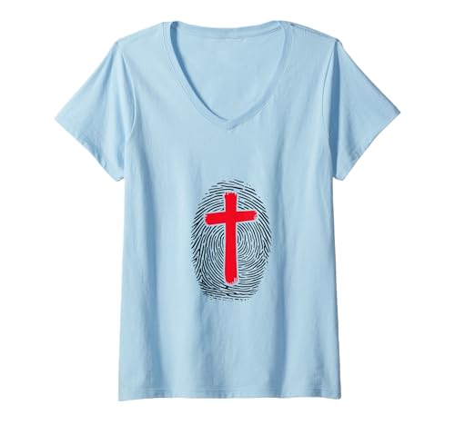 Damen Christlicher Fingerabdruck Kreuz Religiöser Glaube Glaube T-Shirt mit V-Ausschnitt Damen Christlicher Fingerabdruck Kreuz Religiöser Glaube Glaube T-Shirt mit V-Ausschnitt von Christian Faith Apparel Co
