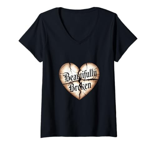 Damen Wunderschön gebrochenes christliches Herz Botschaft Zitat T-Shirt mit V-Ausschnitt Damen Wunderschön gebrochenes christliches Herz Botschaft Zitat T-Shirt mit V-Ausschnitt von Christian Faith Apparel Co