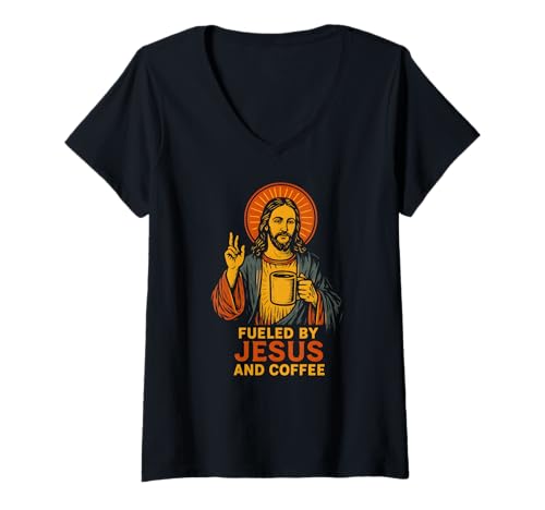Damen Jesus Coffee Fueled by Fun Damen Christian Faith T-Shirt mit V-Ausschnitt Damen Jesus Coffee Fueled by Fun Damen Christian Faith T-Shirt mit V-Ausschnitt von Christian Faith Apparel Religious Clothing