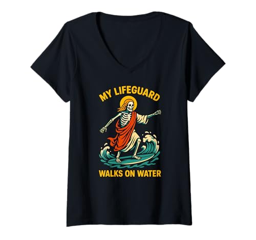 Damen Jesus My Lifeguard Walks on Water Fun Herren Christian Faith T-Shirt mit V-Ausschnitt Damen Jesus My Lifeguard Walks on Water Fun Herren Christian Faith T-Shirt mit V-Ausschnitt von Christian Faith Apparel Religious Clothing