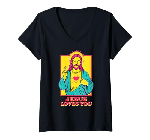 Damen Jesus liebt Dich, Herz Jesu, christlicher Glaube, Retro-Pop Art T-Shirt mit V-Ausschnitt Damen Jesus liebt Dich, Herz Jesu, christlicher Glaube, Retro-Pop Art T-Shirt mit V-Ausschnitt von Christian Faith Art - Jesus Loves You Sacred Heart