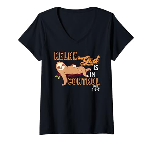 Damen Relax God is in Control Phil 4-6-7 Christian Faith Bibel T-Shirt mit V-Ausschnitt von Christian Faith Bible T-Shirt