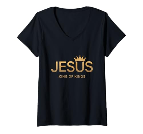 Damen Jesus Kings of Kings Christlicher Glaube Religiös Inspirierend T-Shirt mit V-Ausschnitt von Christian Faith Bible Verse Inspirational