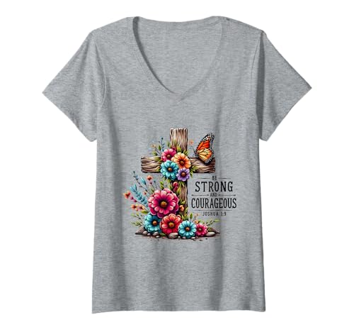 Damen Be Strong Christliches Kreuz Blumen Bibelvers T-Shirt mit V-Ausschnitt Damen Be Strong Christliches Kreuz Blumen Bibelvers T-Shirt mit V-Ausschnitt von Christian Faith Designs