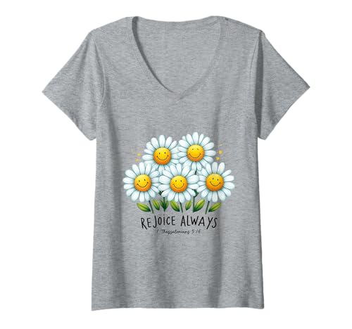Damen Christian Daisies Bibelvers Jesus Faith Rejoice Always T-Shirt mit V-Ausschnitt Damen Christian Daisies Bibelvers Jesus Faith Rejoice Always T-Shirt mit V-Ausschnitt von Christian Faith Designs