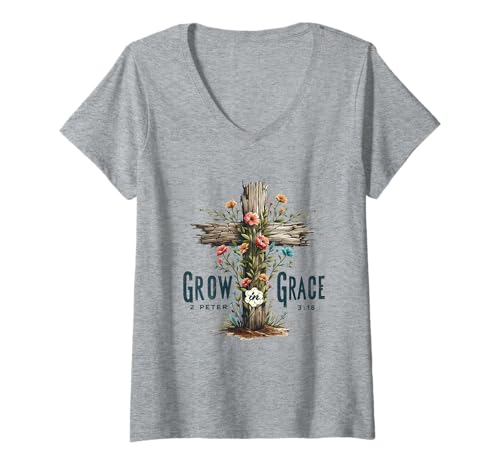 Damen Christian Grow in Grace Bibel Floral Cross T-Shirt mit V-Ausschnitt von Christian Faith Designs
