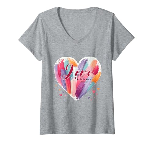 Damen Christian Love Never Fails Bibelvers Herz T-Shirt mit V-Ausschnitt Damen Christian Love Never Fails Bibelvers Herz T-Shirt mit V-Ausschnitt von Christian Faith Designs