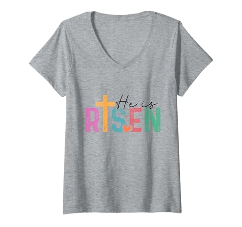 Damen Er ist auferstanden, auf dem Glauben beruhende christliche Osterbotschaft T-Shirt mit V-Ausschnitt Damen Er ist auferstanden, auf dem Glauben beruhende christliche Osterbotschaft T-Shirt mit V-Ausschnitt von Christian Faith Designs