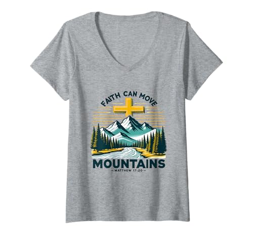 Damen Faith Can Move Mountains Christlicher Bibelvers T-Shirt mit V-Ausschnitt Damen Faith Can Move Mountains Christlicher Bibelvers T-Shirt mit V-Ausschnitt von Christian Faith Designs