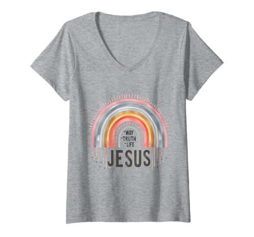 Damen Jesus Way Truth Life Pastell Regenbogen Christlicher Glaube T-Shirt mit V-Ausschnitt von Christian Faith Designs