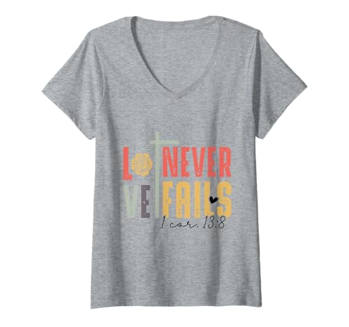 Damen Love Never Fails Christlicher Vers Faith Inspired T-Shirt mit V-Ausschnitt Damen Love Never Fails Christlicher Vers Faith Inspired T-Shirt mit V-Ausschnitt von Christian Faith Designs