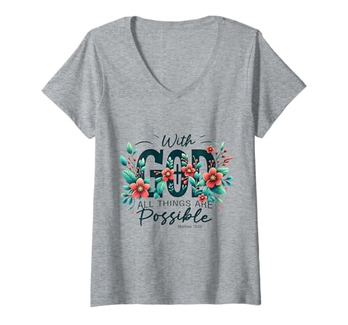 Damen Mit Gott sind alle Dinge möglich Bibelevangelium T-Shirt mit V-Ausschnitt Damen Mit Gott sind alle Dinge möglich Bibelevangelium T-Shirt mit V-Ausschnitt von Christian Faith Designs
