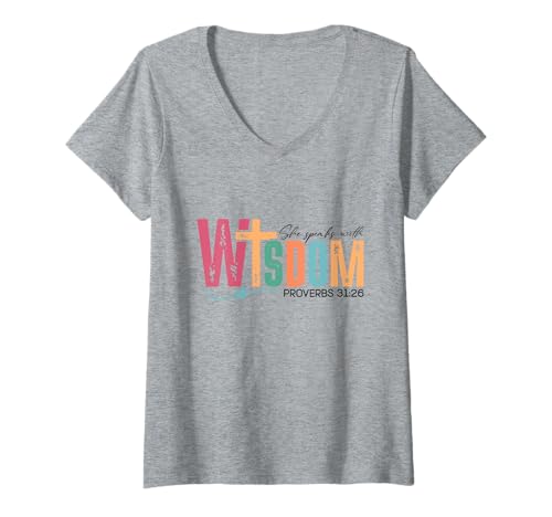 Damen Sprichwörter 31:26 She Speaks with Wisdom Colorful T-Shirt mit V-Ausschnitt Damen Sprichwörter 31:26 She Speaks with Wisdom Colorful T-Shirt mit V-Ausschnitt von Christian Faith Designs