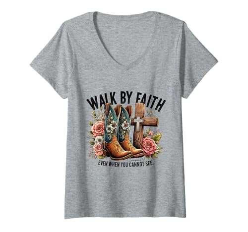 Damen Walk by Faith Bibelvers Christliches Jesus-Design T-Shirt mit V-Ausschnitt Damen Walk by Faith Bibelvers Christliches Jesus-Design T-Shirt mit V-Ausschnitt von Christian Faith Designs