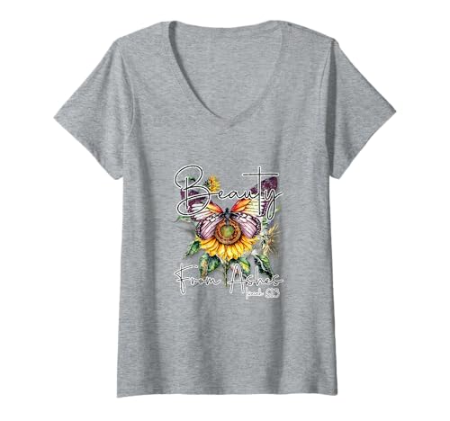 Damen Christian Floral Faith Beauty from Ashes 61:3 T-Shirt mit V-Ausschnitt Damen Christian Floral Faith Beauty from Ashes 61:3 T-Shirt mit V-Ausschnitt von Christian Faith Finds