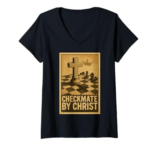 Damen Checkmate by Christ christliches Schachposter im Vintage-Stil T-Shirt mit V-Ausschnitt Damen Checkmate by Christ christliches Schachposter im Vintage-Stil T-Shirt mit V-Ausschnitt von Christian Faith Headquarters