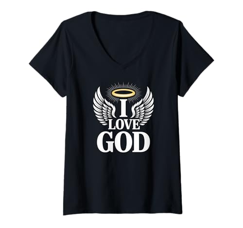 Damen I Love God Engelsflügel Heiligenschein Glaube T-Shirt mit V-Ausschnitt Damen I Love God Engelsflügel Heiligenschein Glaube T-Shirt mit V-Ausschnitt von Christian Faith Inspirational Spirituality