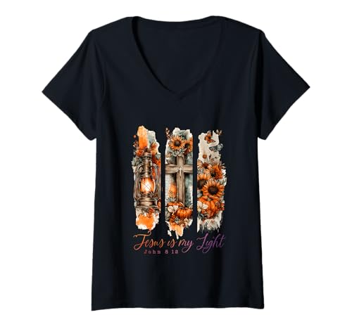 Damen Jesus is My Light Johannes 8:12 Kreuz Kürbis T-Shirt mit V-Ausschnitt Damen Jesus is My Light Johannes 8:12 Kreuz Kürbis T-Shirt mit V-Ausschnitt von Christian Faith Lantern Cross Pumpkin