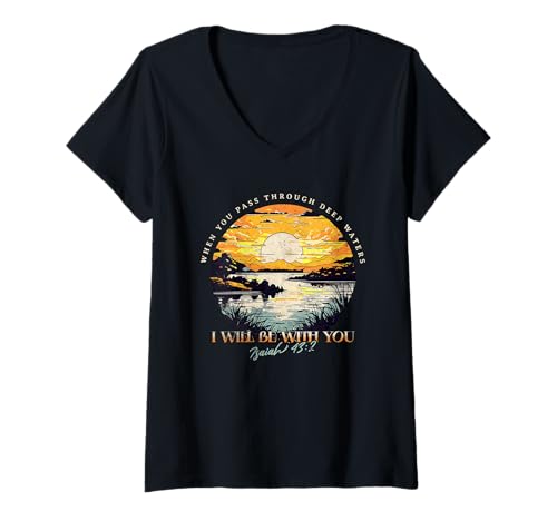 Damen Christlicher Bibelvers Naturszene Jesaja 43:2 T-Shirt mit V-Ausschnitt Damen Christlicher Bibelvers Naturszene Jesaja 43:2 T-Shirt mit V-Ausschnitt von Christian Faith Mom Life